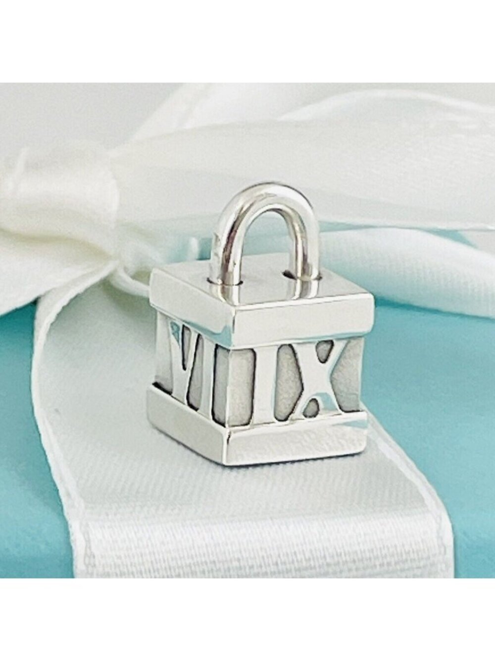 Tiffany & Co Atlas Padlock Charm Pendant Cube Box Square Roman Numerals
